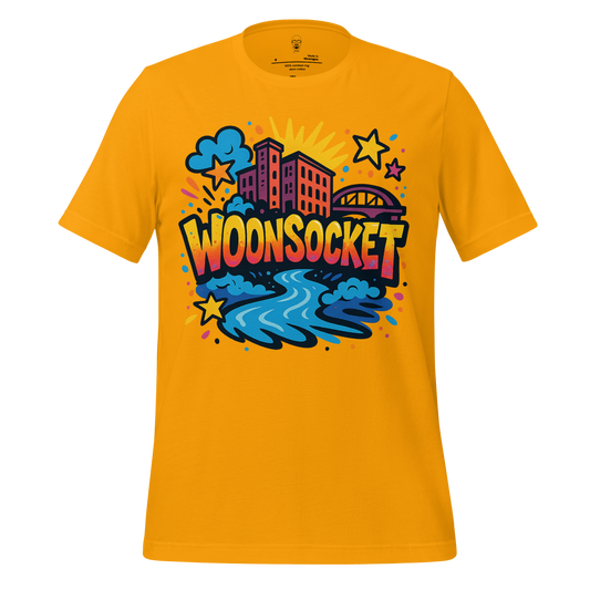 Bright yellow Woonsocket Graphic T Shirt with colorful cityscape and river design by JMK Drip