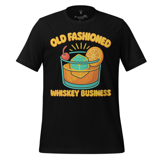 JMK Drip black old fashioned graphic t-shirt featuring whiskey glass with cherry and orange slice design