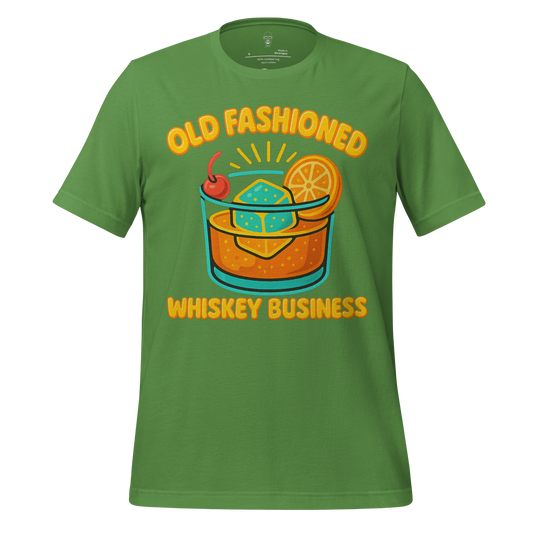 Green old fashioned graphic t-shirt with cartoon whiskey glass and text old fashioned whiskey business