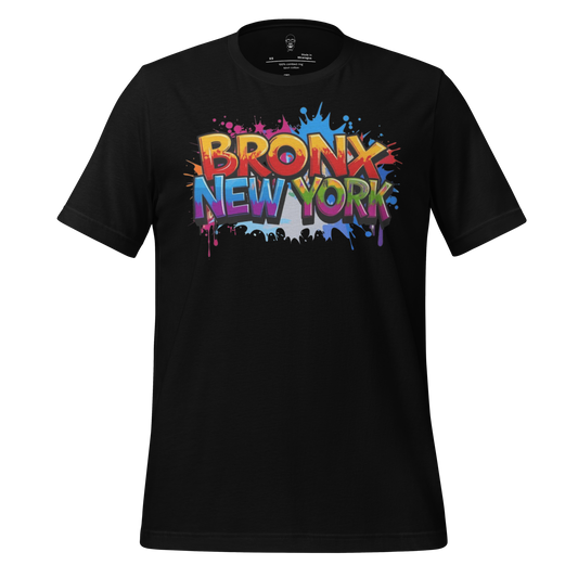 Black Bronx New York t-shirt with colorful graffiti-style text design by JMK Drip