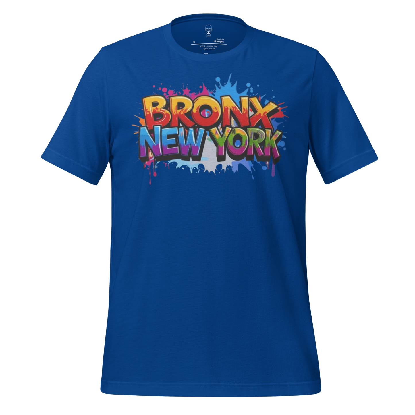 JMK Drip blue Bronx New York t-shirt with colorful graffiti style print on front