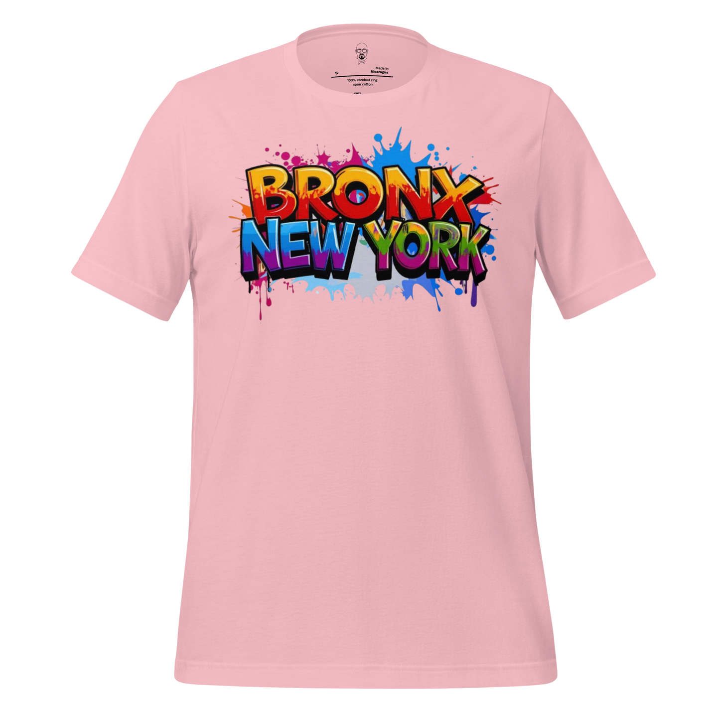 Pink Bronx New York t-shirt with colorful graffiti style text graphic on front