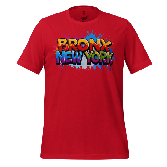 Red Bronx New York t-shirt with colorful graffiti style text design by JMK Drip