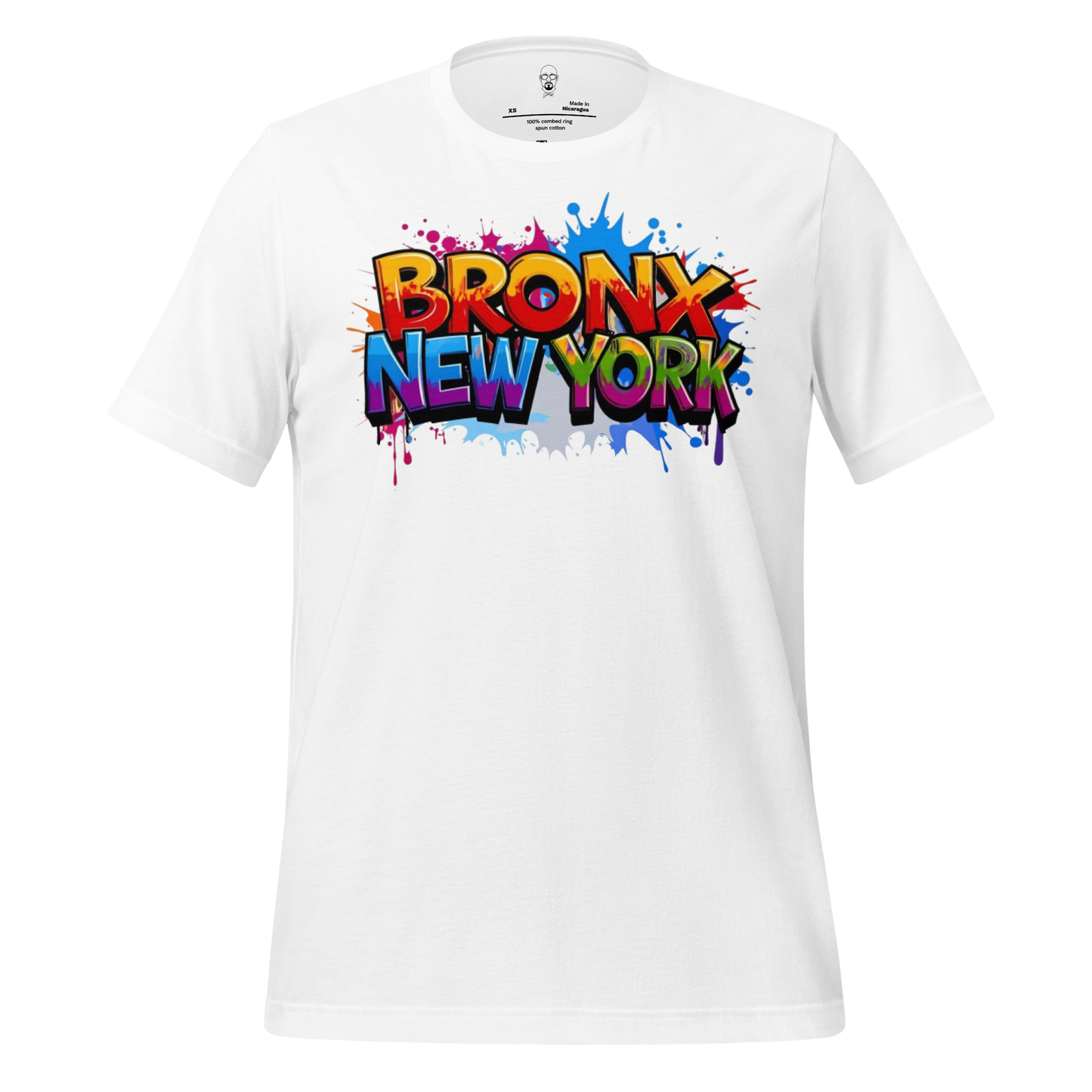 White Bronx New York t-shirt with colorful graffiti style text and paint splatter design