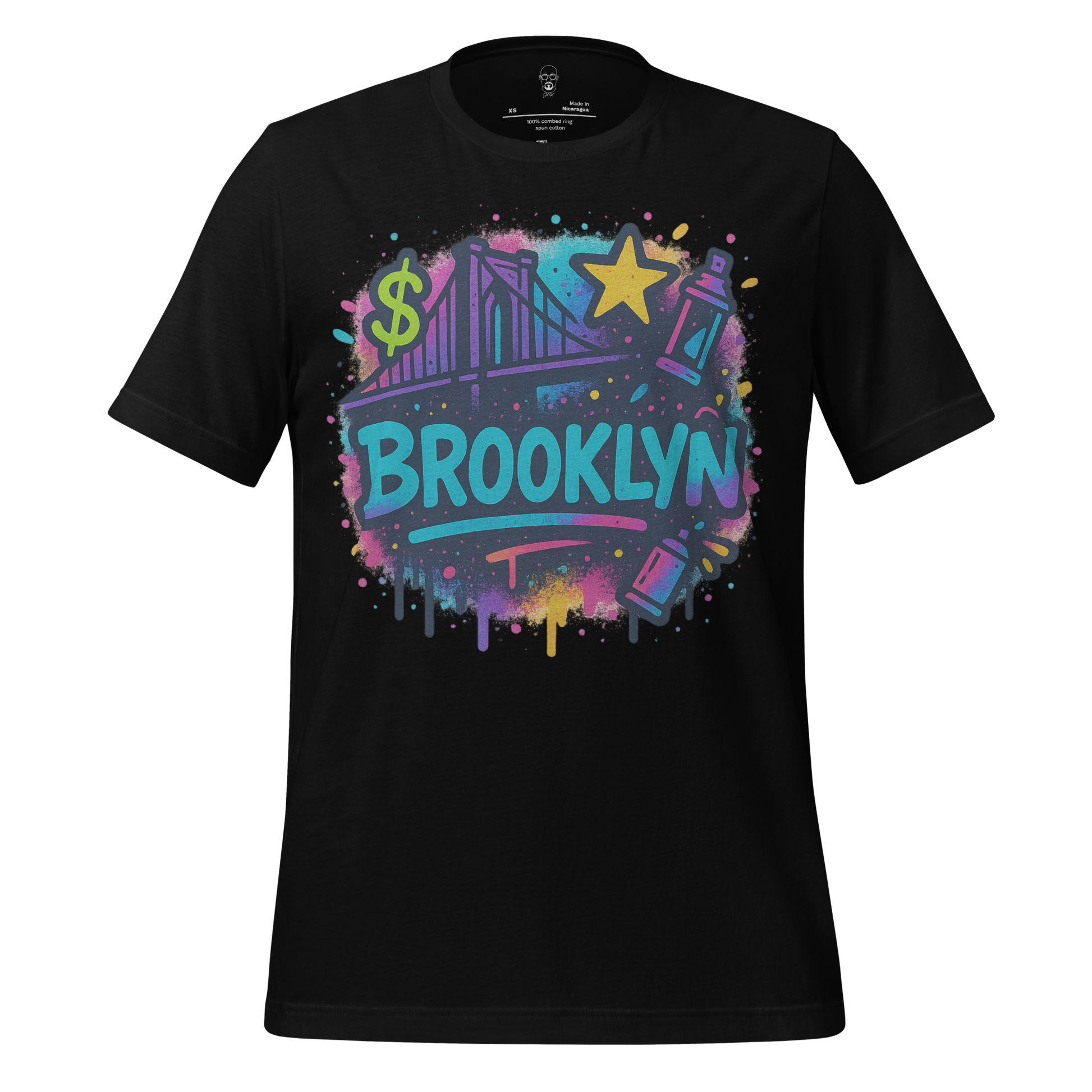 Black Brooklyn graphic t-shirt with colorful spray paint design and bridge illustration