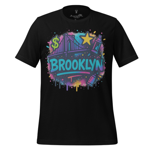 Black Brooklyn graphic t-shirt with colorful spray paint design and bridge illustration