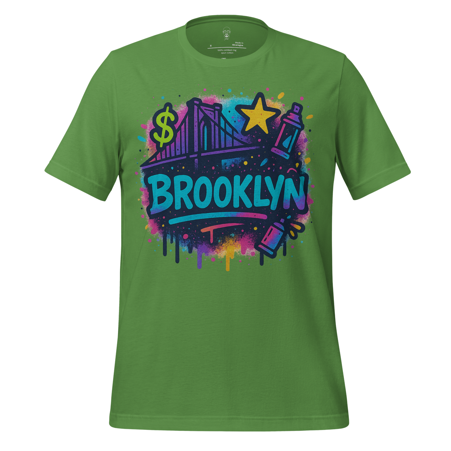 Green Brooklyn graphic t-shirt featuring colorful spray paint art and city icons
