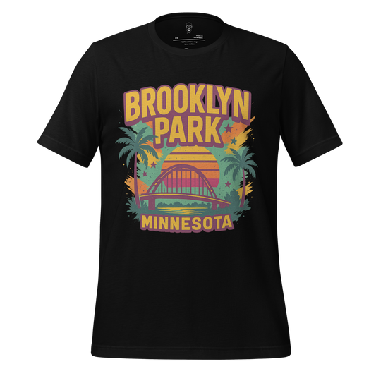 Black Brooklyn Park Minnesota t-shirt with colorful retro sunset and bridge graphic