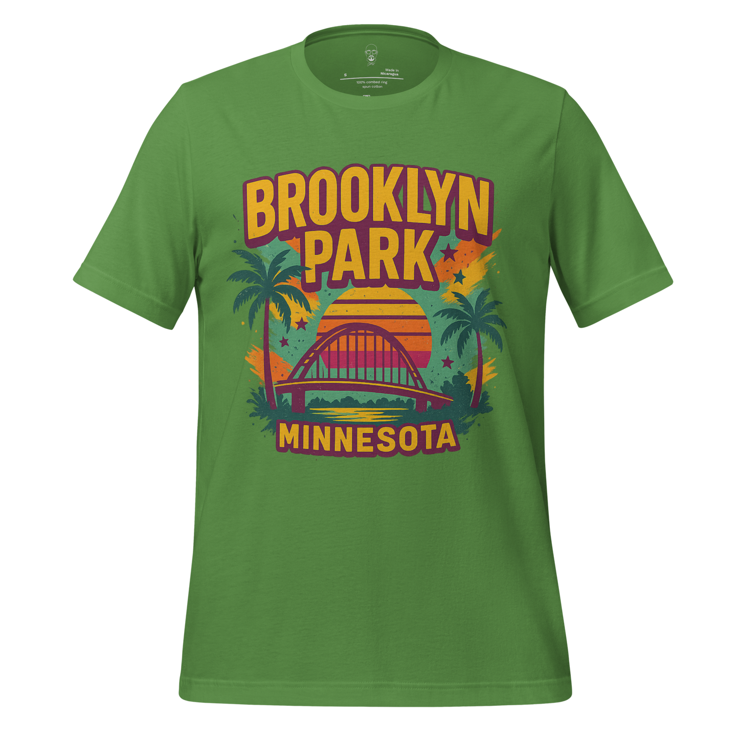 Green Brooklyn Park Minnesota t-shirt featuring a colorful sunset and bridge graphic