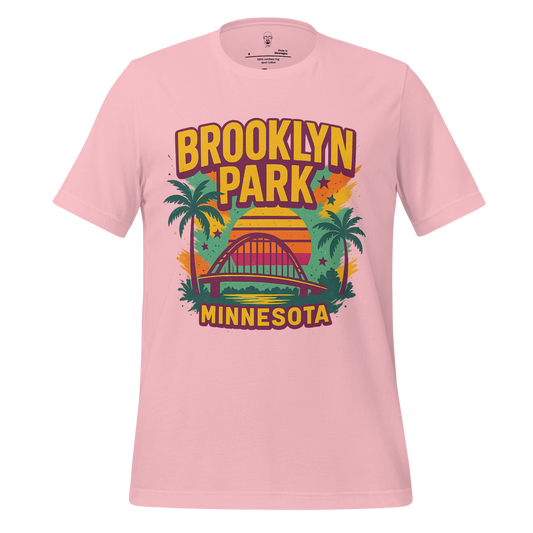 Pink Brooklyn Park Minnesota t-shirt with retro sunset, bridge, and palm tree design