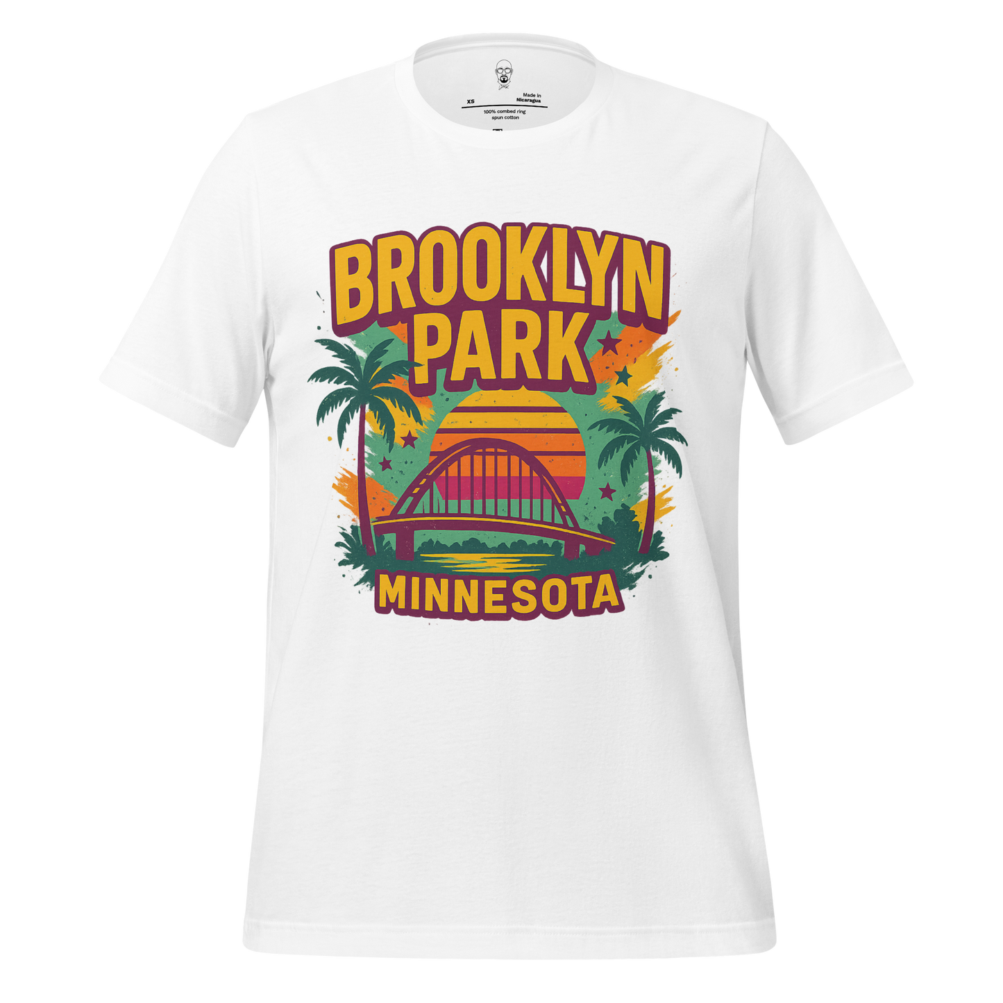 White Brooklyn Park Minnesota t-shirt with colorful bridge and palm tree graphic design