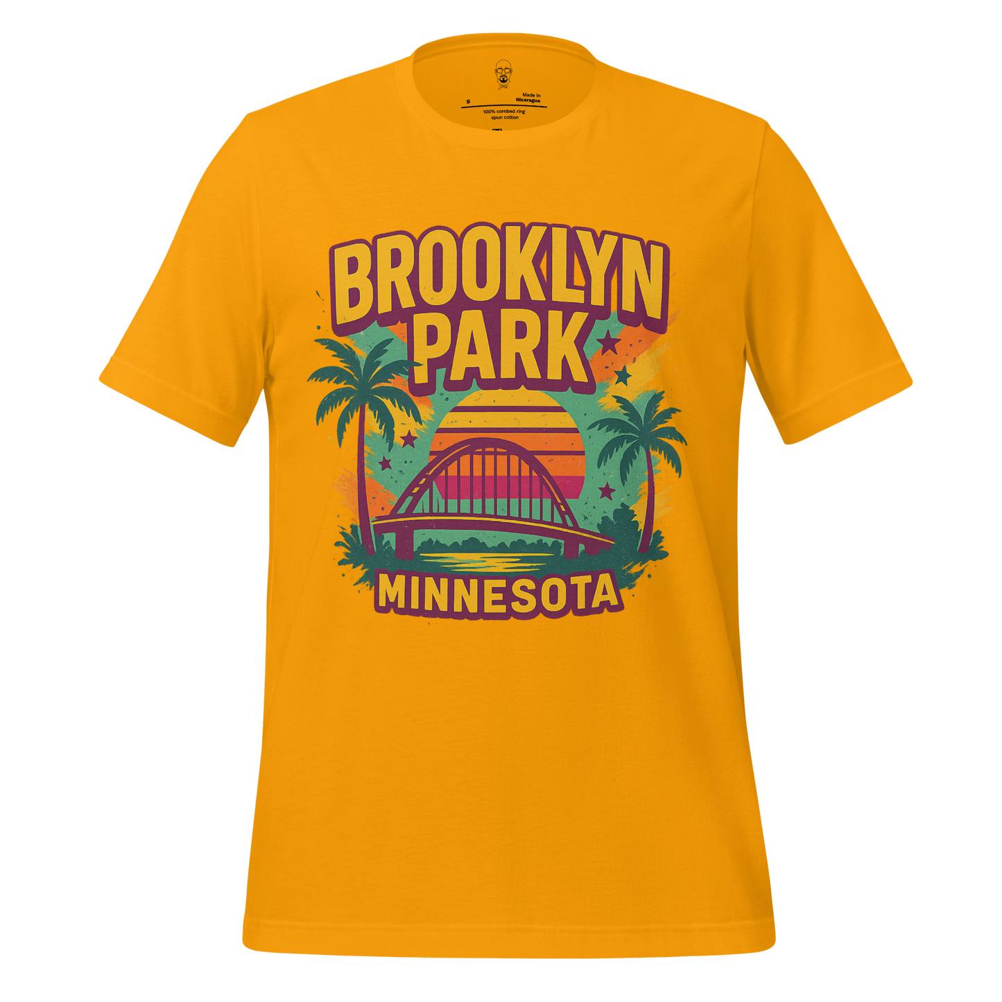 Yellow Brooklyn Park Minnesota t-shirt featuring a colorful bridge and palm tree design