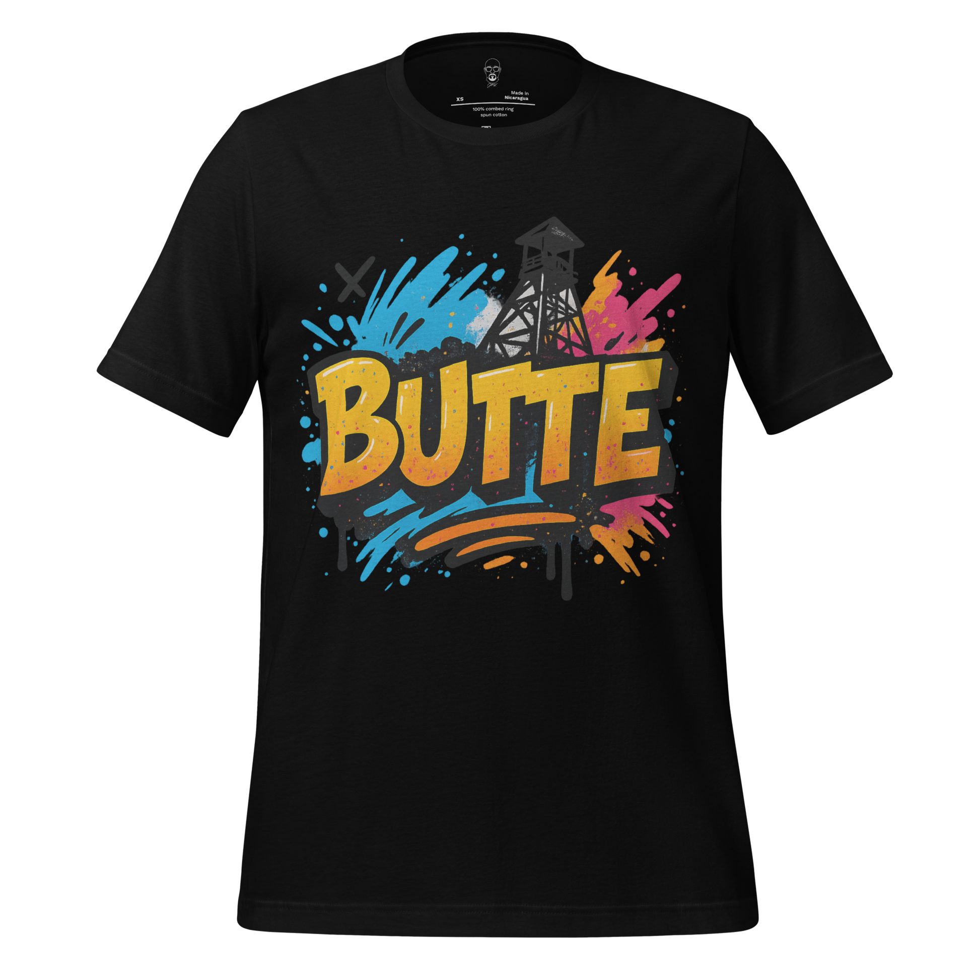 Black Butte graphic tee with colorful splash design and mining tower illustration on front