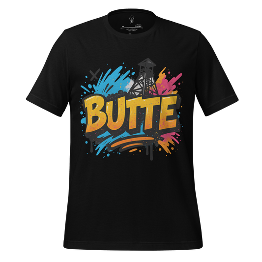 Black Butte graphic tee with colorful splash design and mining tower illustration on front