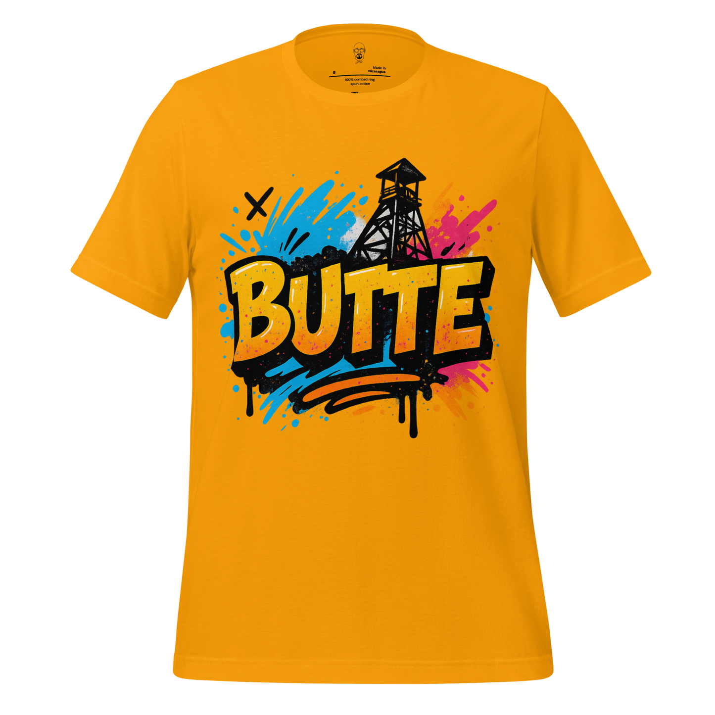JMK Drip yellow Butte graphic tee with black watchtower and colorful graffiti design