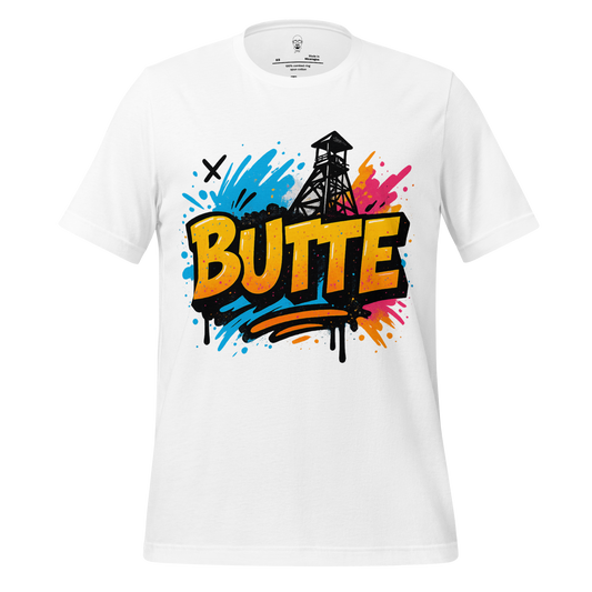 White Butte graphic tee with colorful graffiti-style design and mining tower illustration