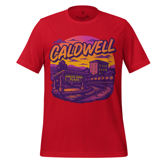 Red Caldwell Graphic T-Shirt featuring Indian Creek Plaza sunset scene with bold lettering