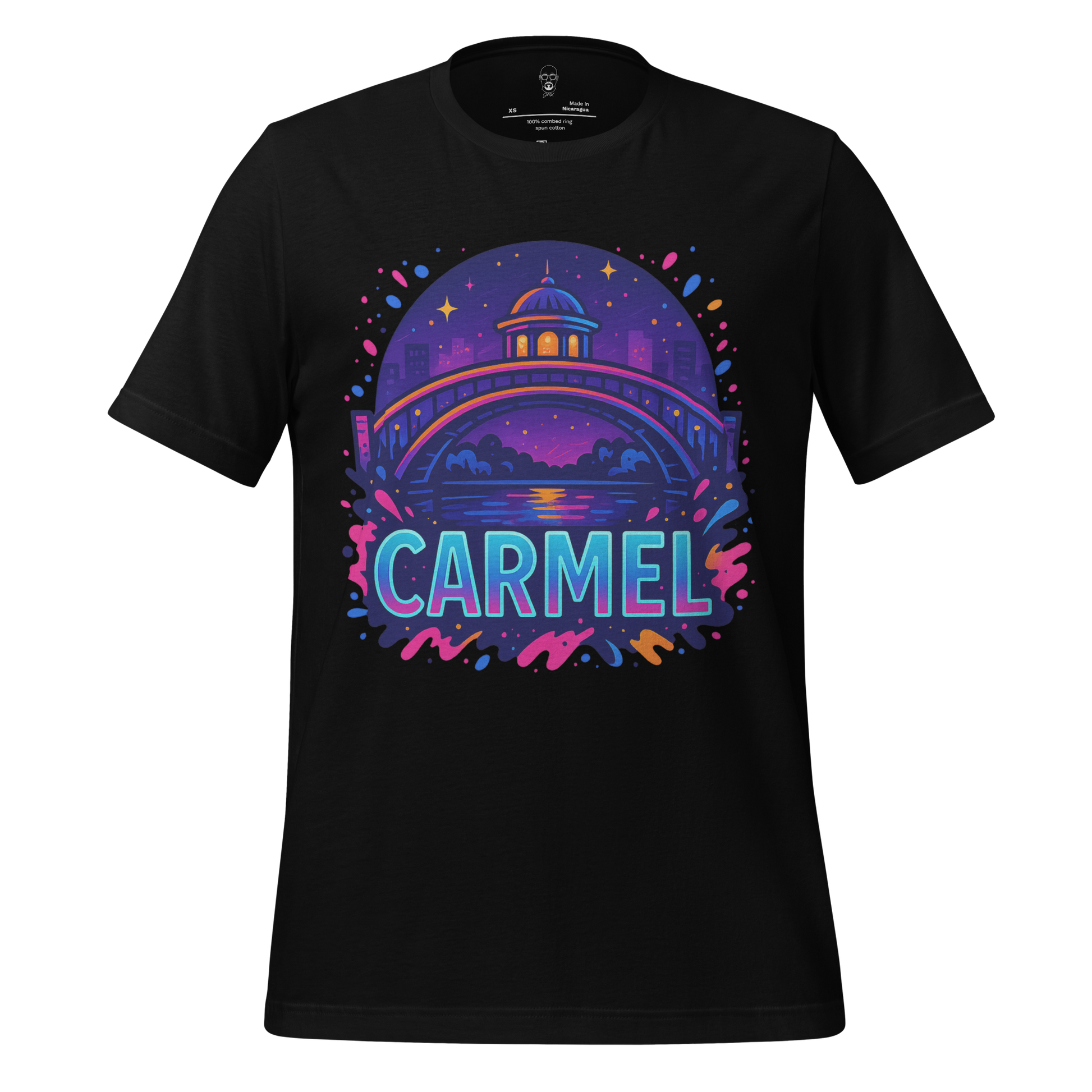 JMK Drip black Carmel Graphic T-Shirt featuring colorful night cityscape design with bridge and stars