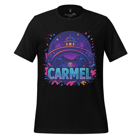 JMK Drip black Carmel Graphic T-Shirt featuring colorful night cityscape design with bridge and stars