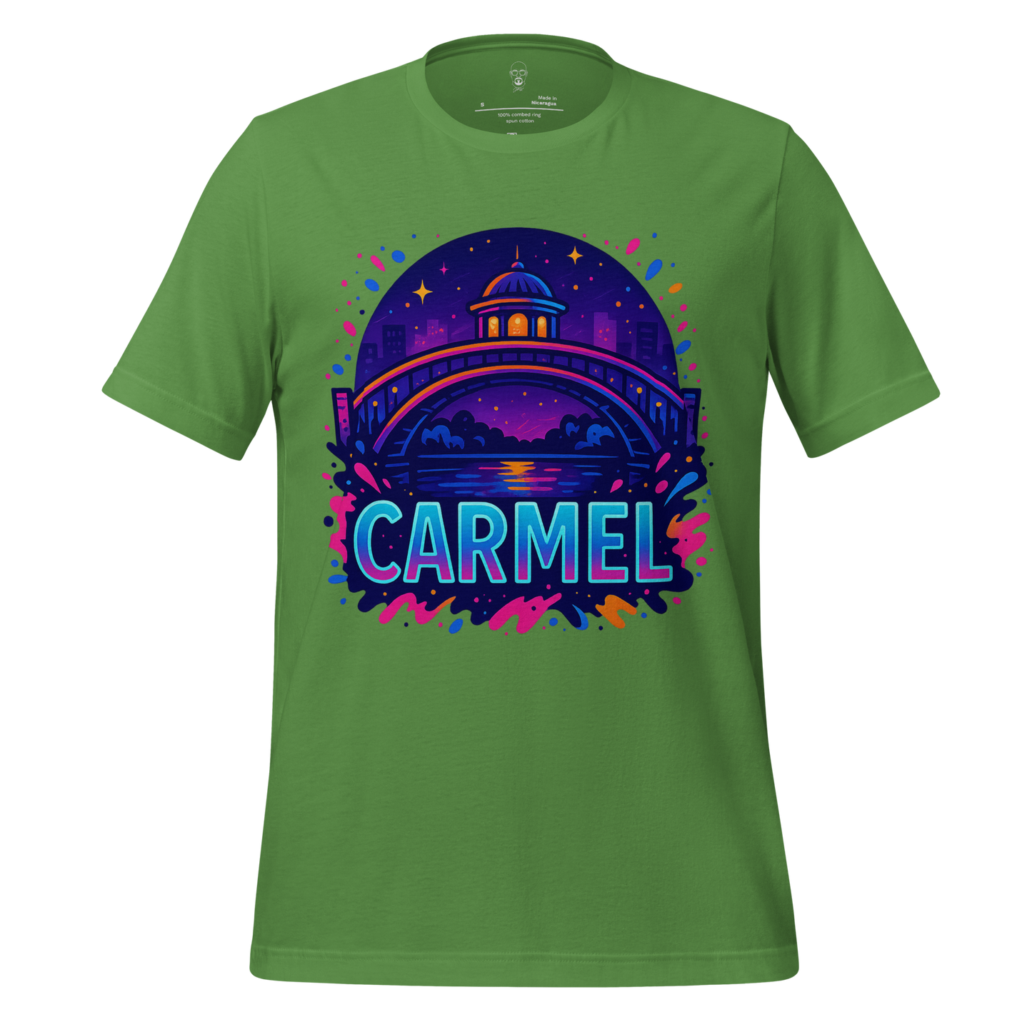 Green Carmel Graphic T-Shirt by JMK Drip featuring colorful nighttime bridge and cityscape design