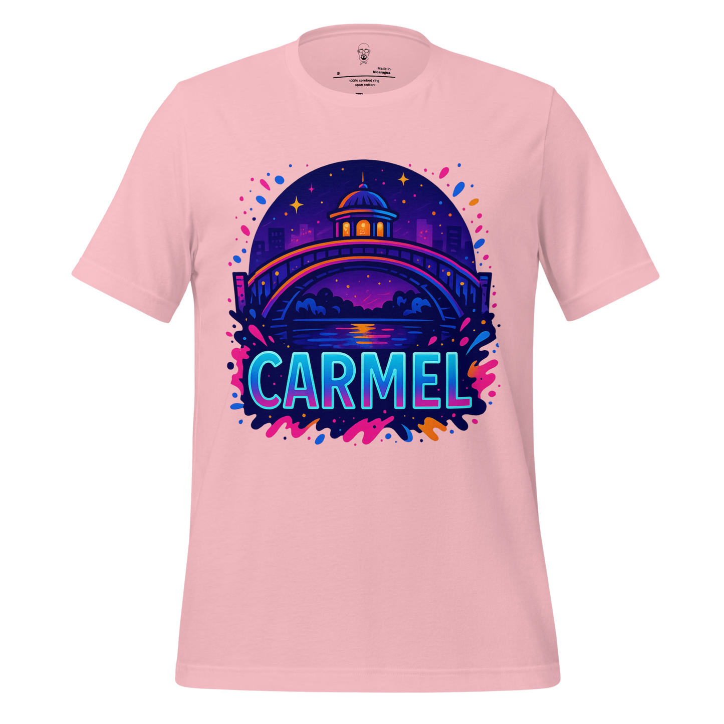 Pink Carmel Graphic T-Shirt by JMK Drip featuring colorful night scene bridge and city skyline design