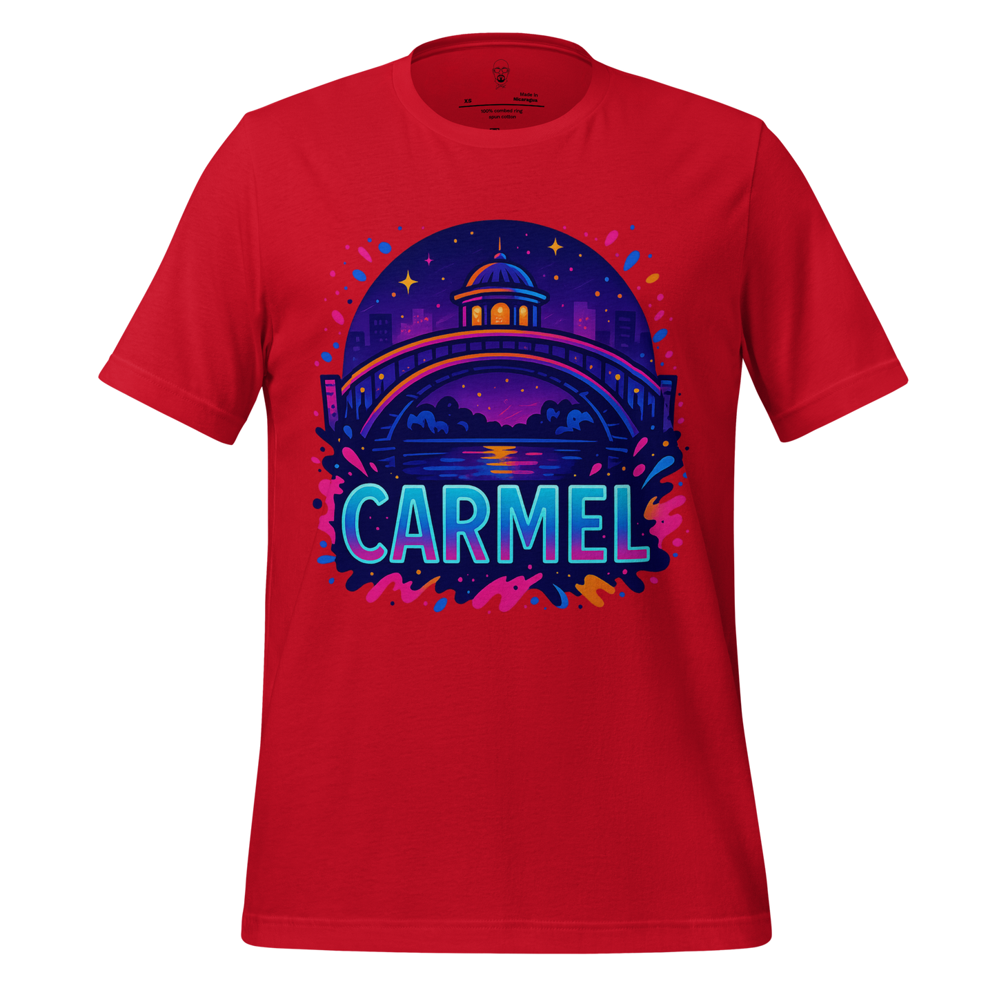 JMK Drip red Carmel Graphic T-Shirt featuring colorful night scene with bridge and stars