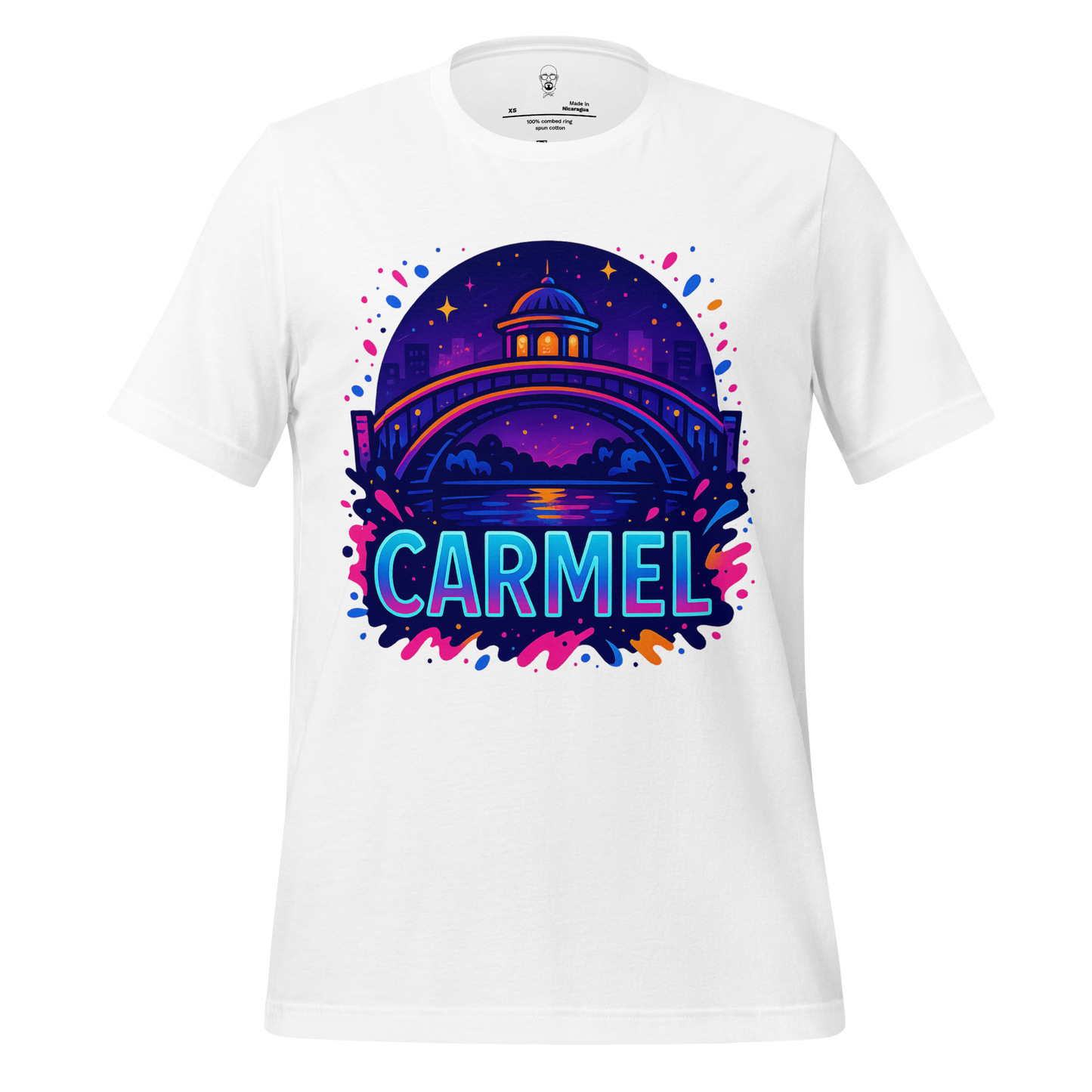 White Carmel Graphic T-Shirt by JMK Drip featuring colorful night bridge and cityscape design