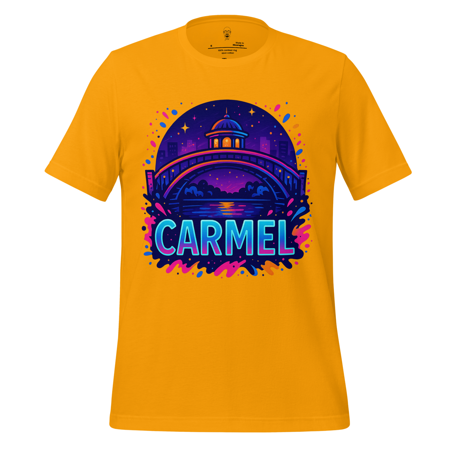 JMK Drip Carmel Graphic T-Shirt in yellow with colorful night cityscape and bridge design