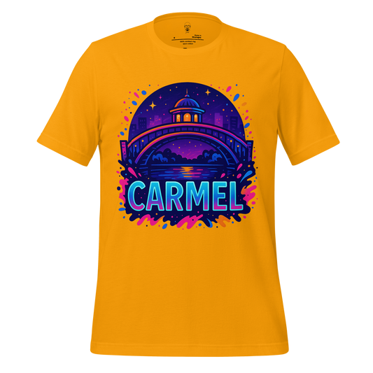 JMK Drip Carmel Graphic T-Shirt in yellow with colorful night cityscape and bridge design
