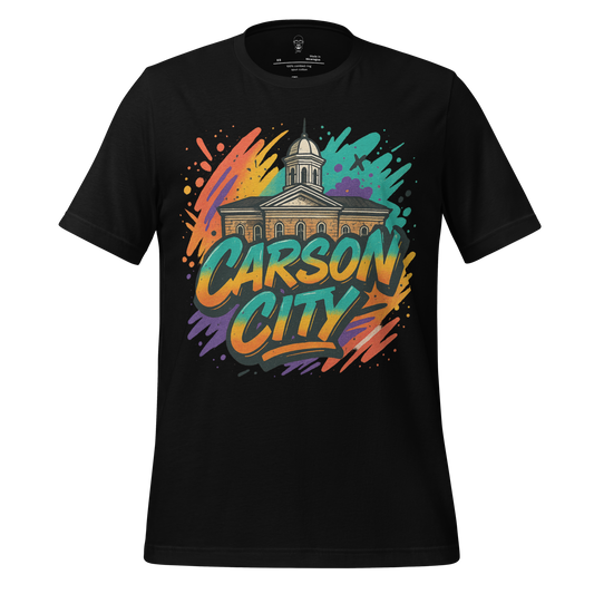Black Carson City graphic t-shirt featuring colorful historic building design by JMK Drip