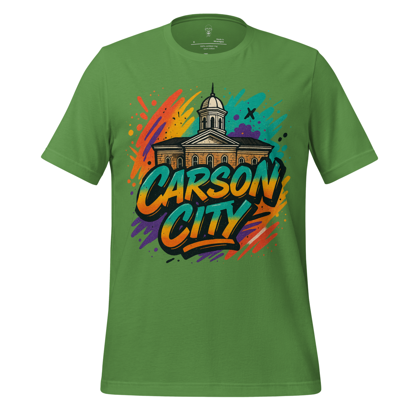 Green Carson City graphic t-shirt by JMK Drip with colorful illustrated city hall design