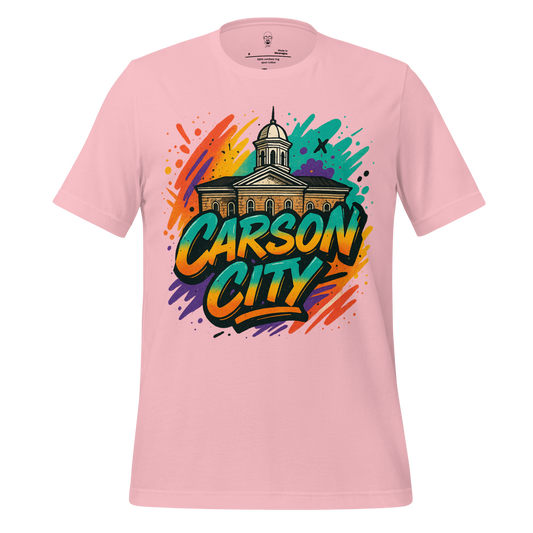 Pink Carson City graphic t-shirt with colorful splash design and building illustration
