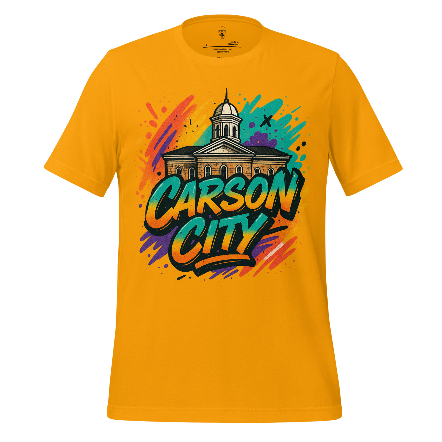 JMK Drip Carson City graphic t-shirt in yellow with colorful city building design