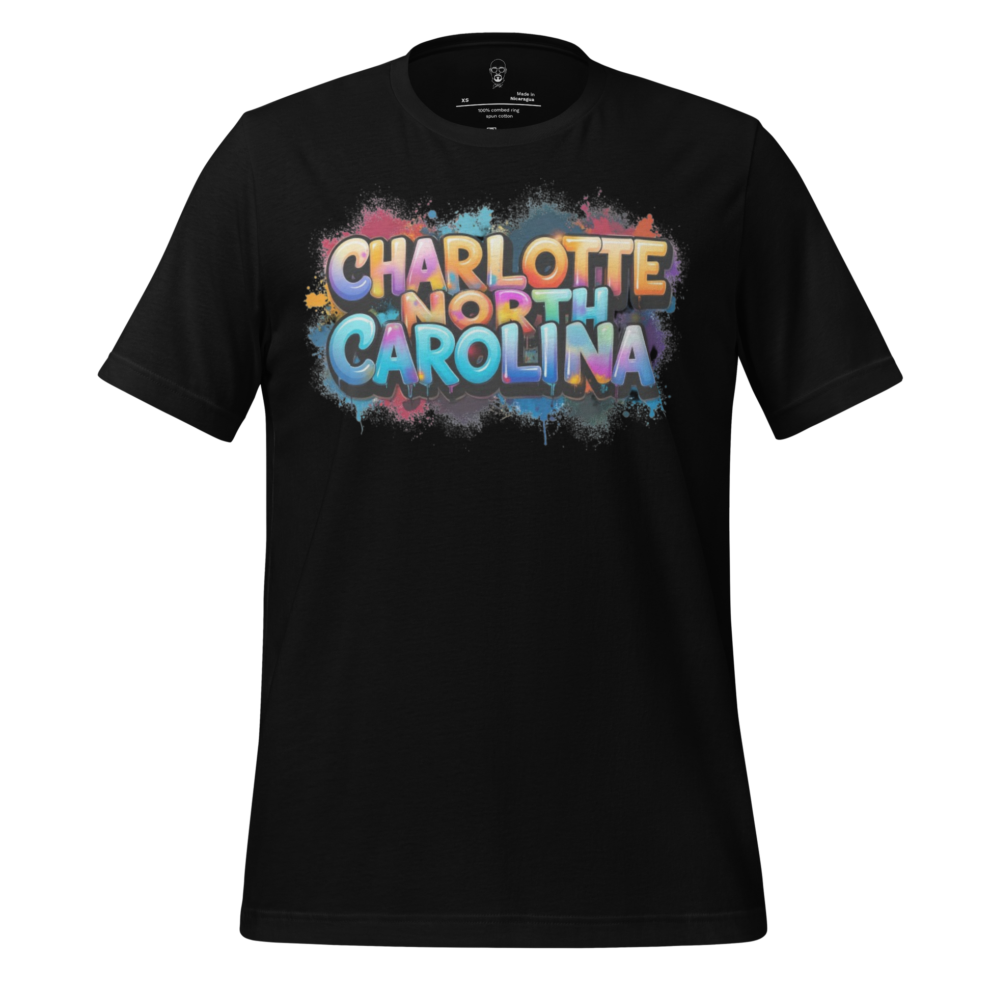 Black t-shirt with colorful graffiti style text reading Charlotte North Carolina t-shirt by JMK Drip