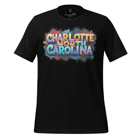 Black t-shirt with colorful graffiti style text reading Charlotte North Carolina t-shirt by JMK Drip