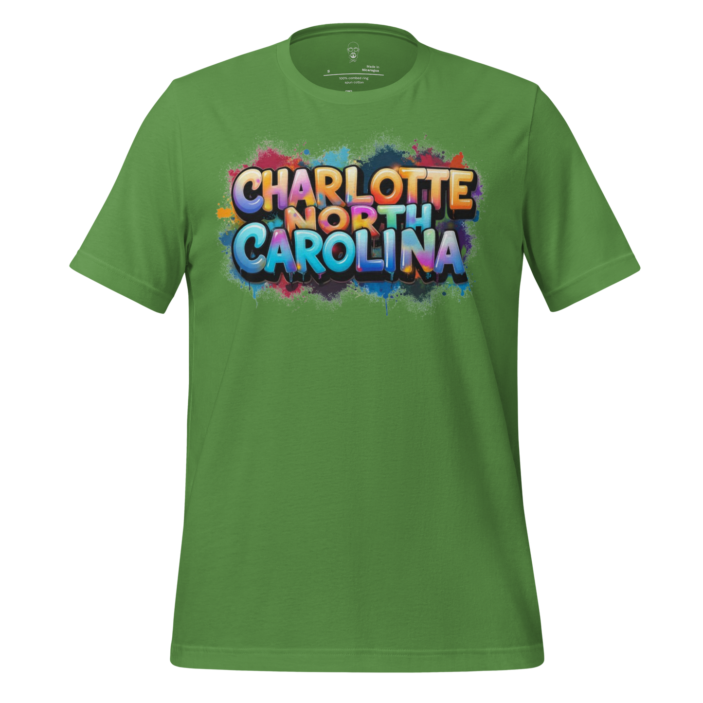 Green t-shirt with colorful graffiti-style text saying Charlotte North Carolina t-shirt by JMK Drip