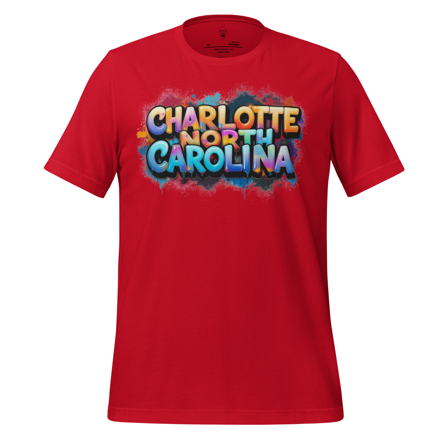Red t-shirt with colorful graffiti style text Charlotte North Carolina t-shirt by JMK Drip