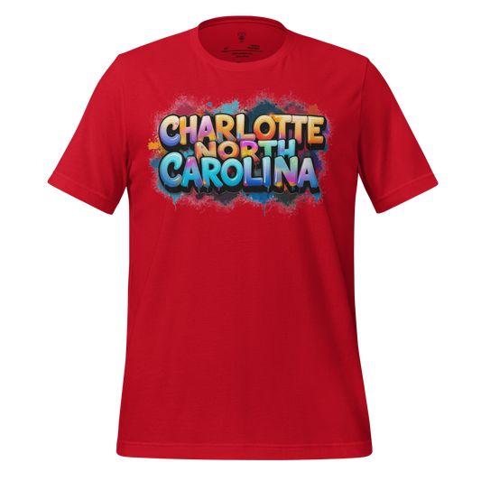 Red t-shirt with colorful graffiti style text Charlotte North Carolina t-shirt by JMK Drip