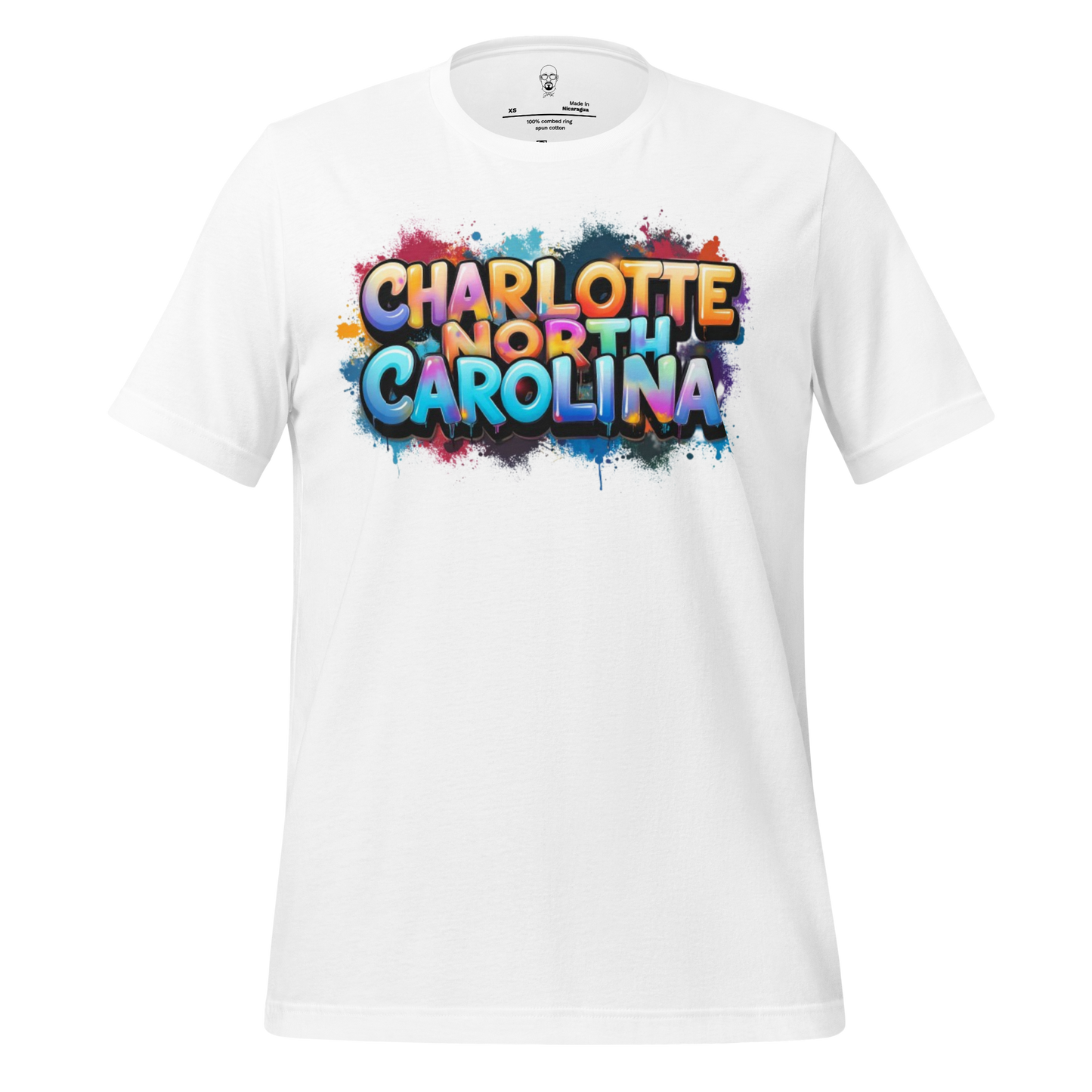 White t-shirt featuring colorful graffiti style text reading Charlotte North Carolina t-shirt