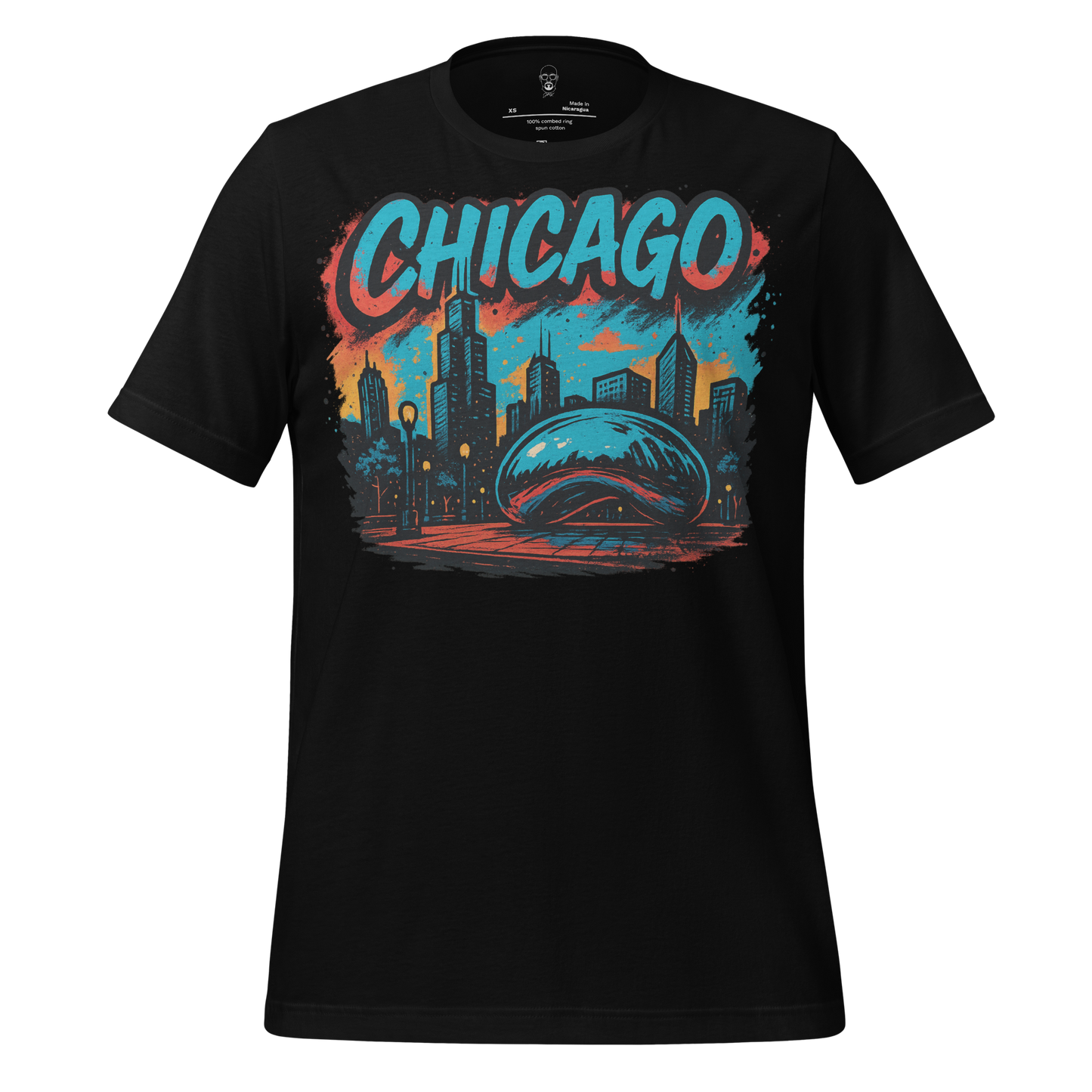 JMK Drip Chicago Graphic T-Shirt with vibrant city skyline and reflective bean design on black fabric