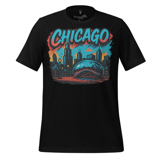 JMK Drip Chicago Graphic T-Shirt with vibrant city skyline and reflective bean design on black fabric