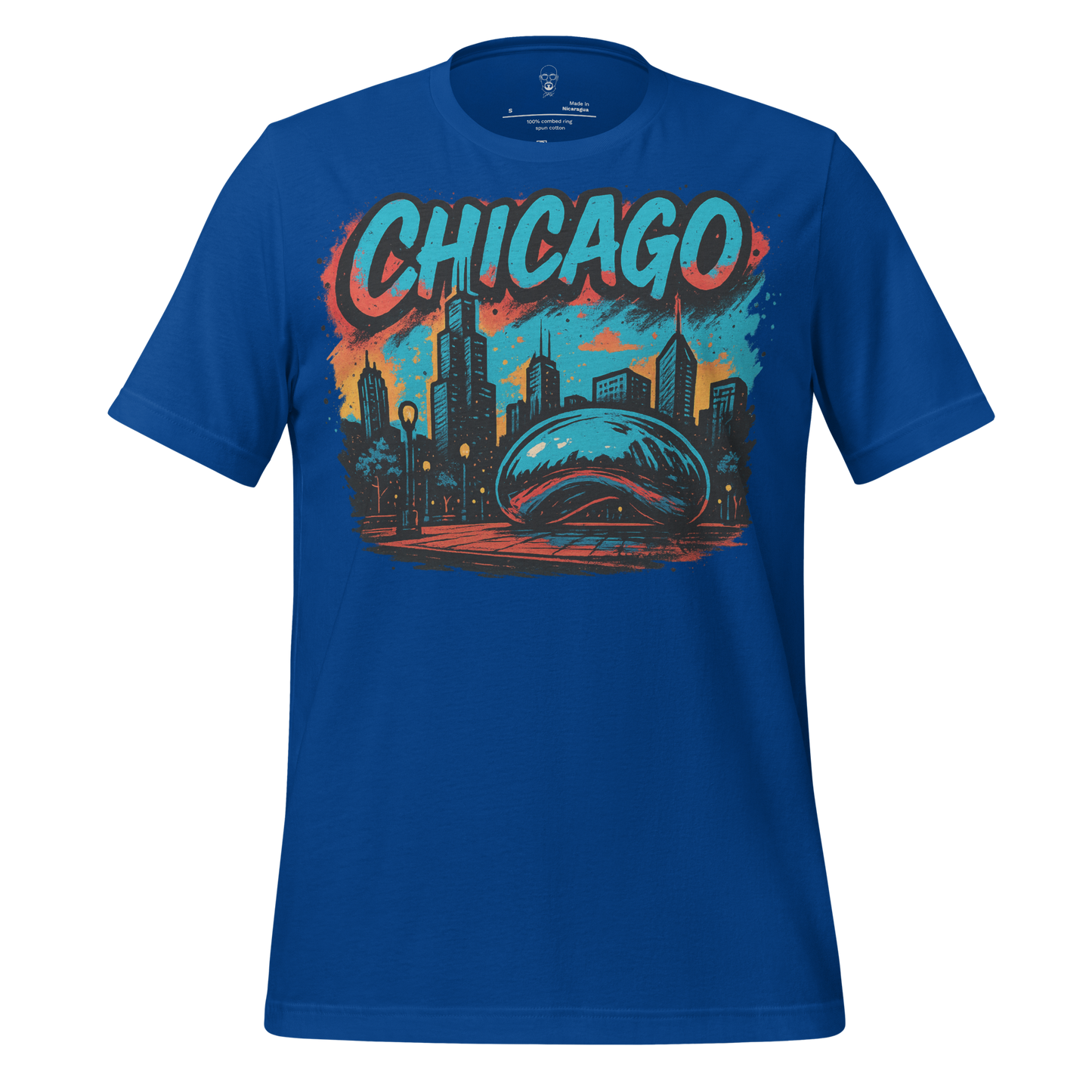 Blue Chicago Graphic T-Shirt with city skyline and Cloud Gate bean illustration by JMK Drip