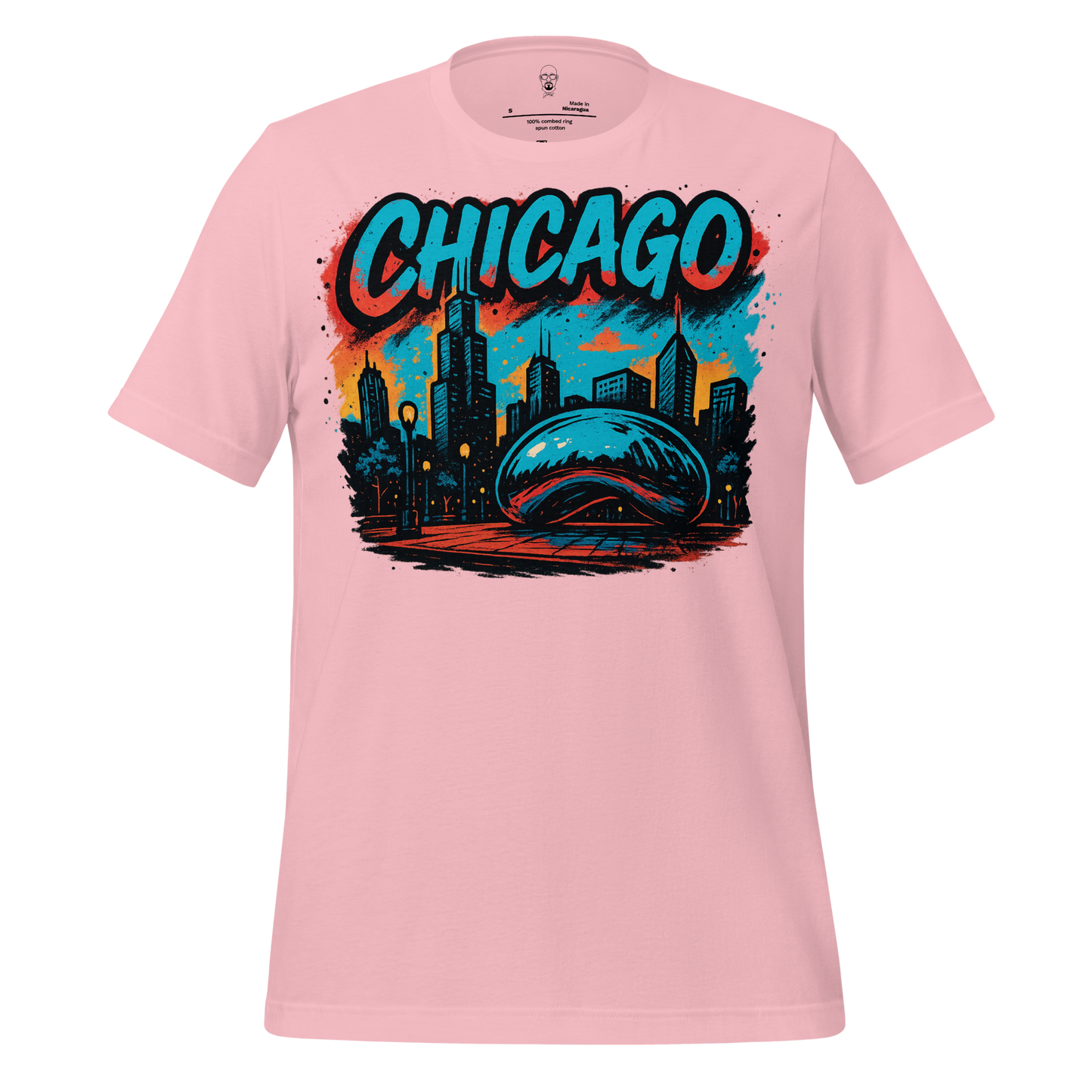 Pink Chicago Graphic T-Shirt featuring a colorful city skyline and the iconic Cloud Gate sculpture