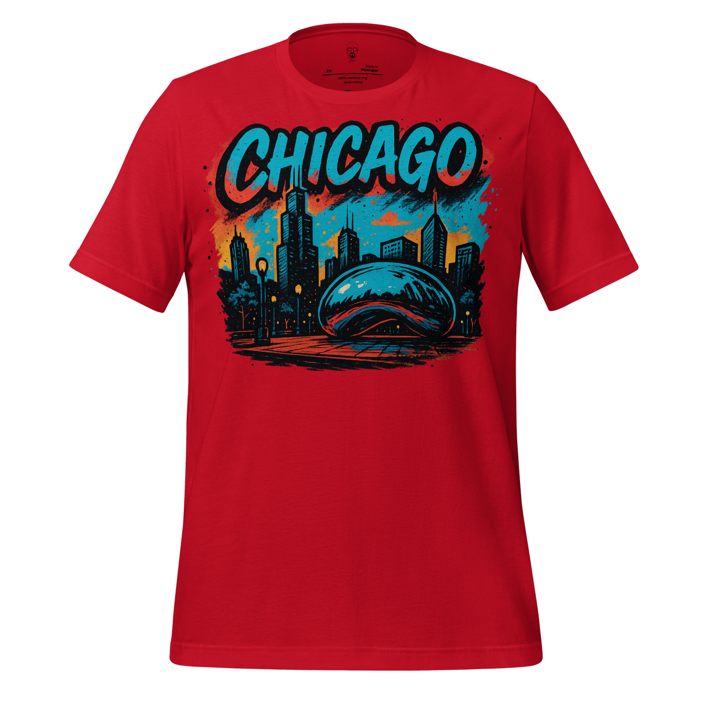 Red Chicago Graphic T-Shirt by JMK Drip with city skyline and Cloud Gate design