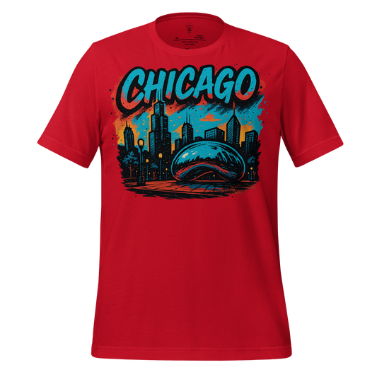 Red Chicago Graphic T-Shirt by JMK Drip with city skyline and Cloud Gate design