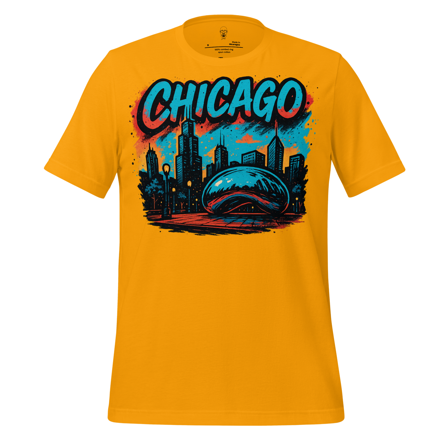 JMK Drip Chicago Graphic T-Shirt in yellow featuring vibrant city skyline and cloud gate design