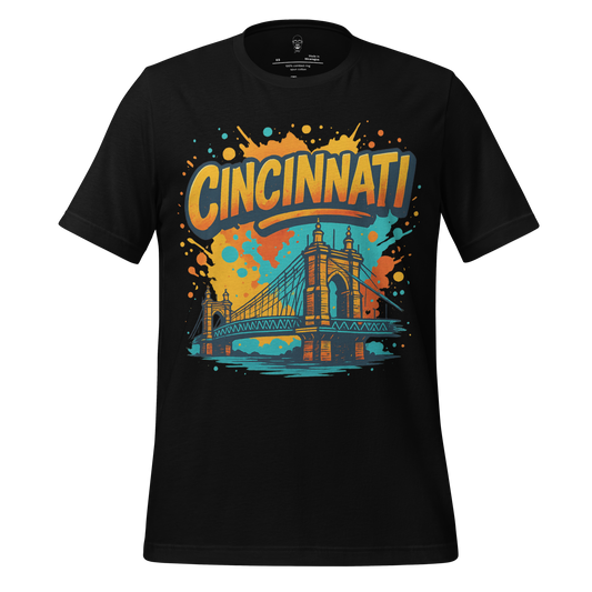 Black Cincinnati Graphic T-Shirt by JMK Drip featuring colorful splash design and Cincinnati bridge illustration