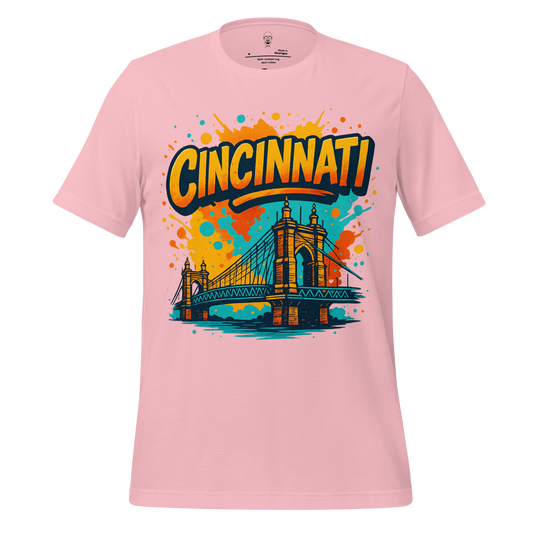 Pink Cincinnati Graphic T-Shirt featuring colorful illustration of Cincinnati bridge and bold text