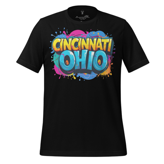 Black Cincinnati Ohio t-shirt with colorful graffiti style text design by JMK Drip
