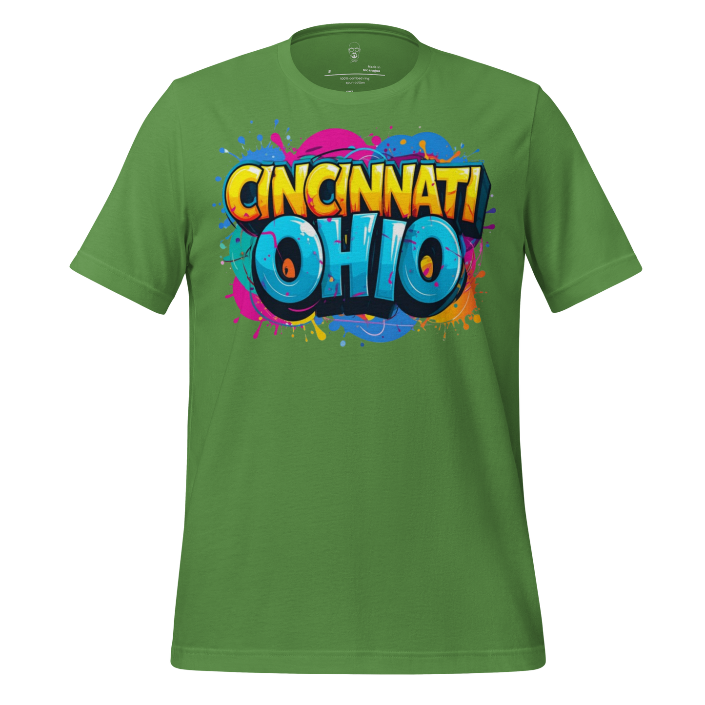 Green Cincinnati Ohio t-shirt with colorful graffiti style text design by JMK Drip